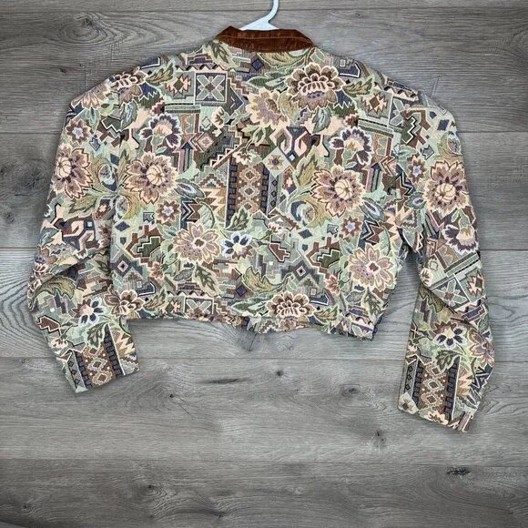 Banjo Dallas TX Crop Jacket Womens XL Tan Western Floral Aztec Brocade Long Slv - Picture 7 of 10